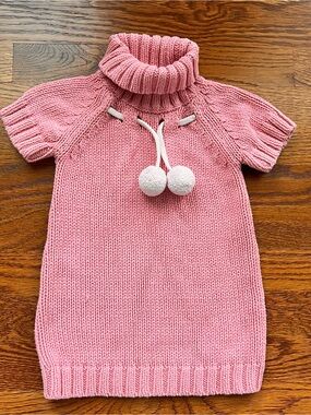 fresh Pink Knit Turtleneck Dress with White Pom Pom Tie